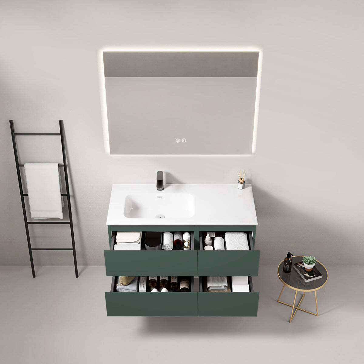 Mobile bagno sospeso 100 cm Verde Comodoro Lavabo a Sinistra in Ceramica Specchio Quadro Retroilluminato - Fiji Paint