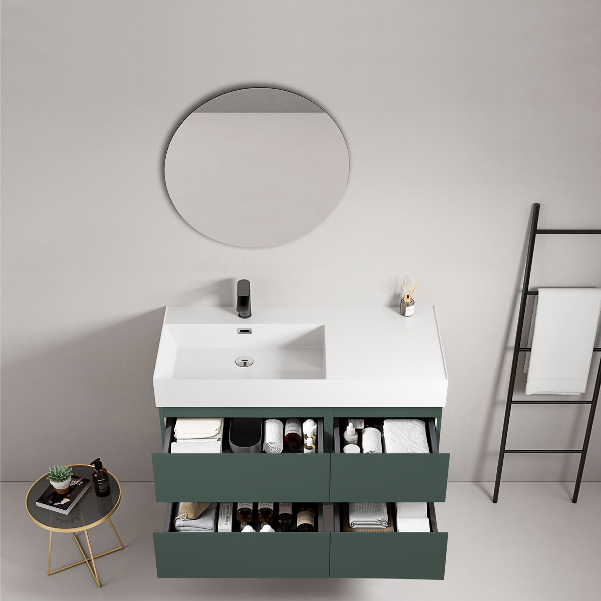 Mobile bagno sospeso 100 cm Verde Comodoro Lavabo a Sinistra in Resina Specchio Tondo - Fiji Paint