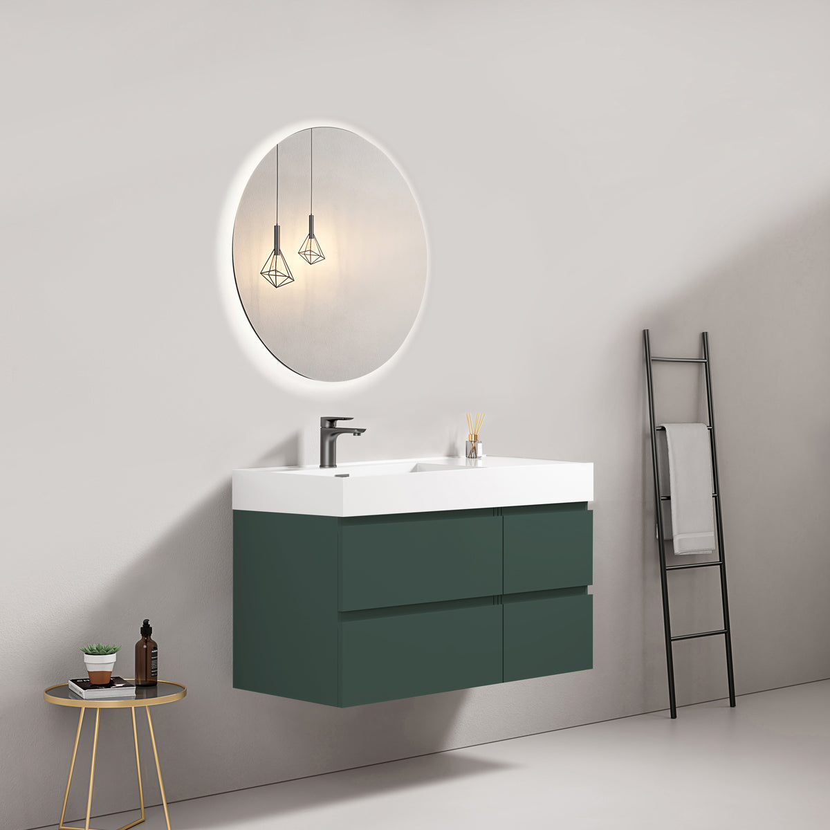 Mobile bagno sospeso 100 cm Verde Comodoro Lavabo a Sinistra in Resina Specchio Tondo Retroilluminato - Fiji Paint