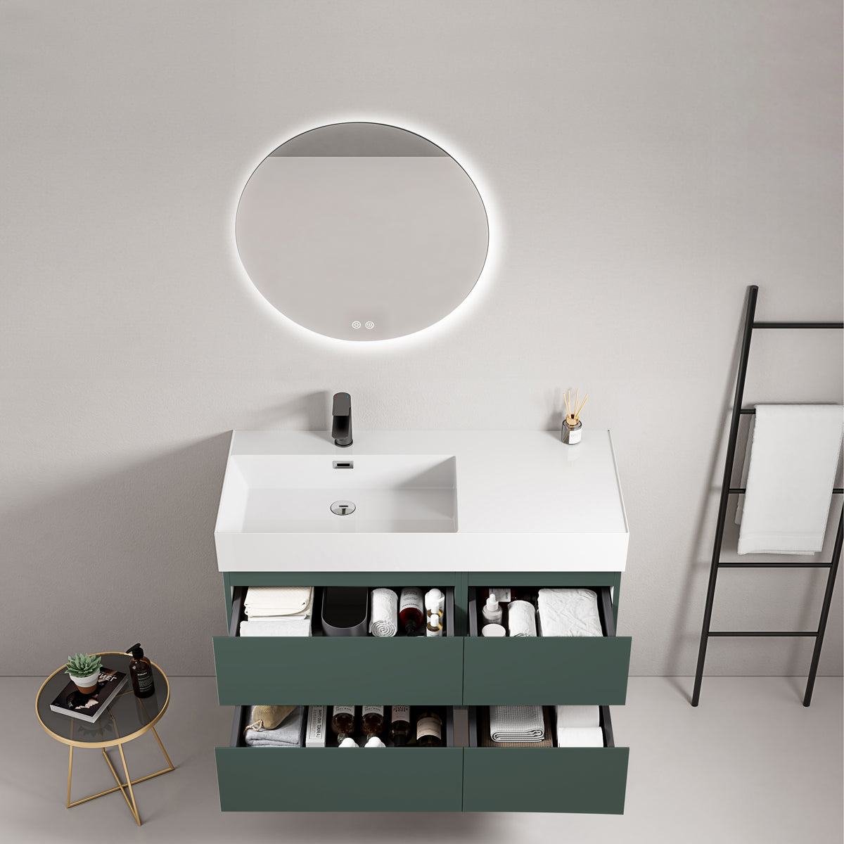 Mobile bagno sospeso 100 cm Verde Comodoro Lavabo a Sinistra in Resina Specchio Tondo Retroilluminato - Fiji Paint