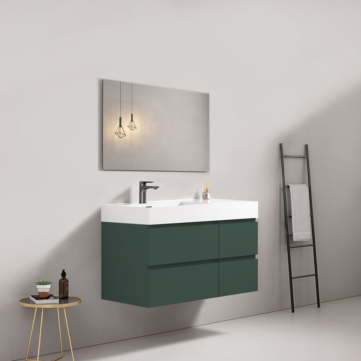 Mobile bagno sospeso 100 cm Verde Comodoro Lavabo a Sinistra in Resina Specchio Quadro - Fiji Paint