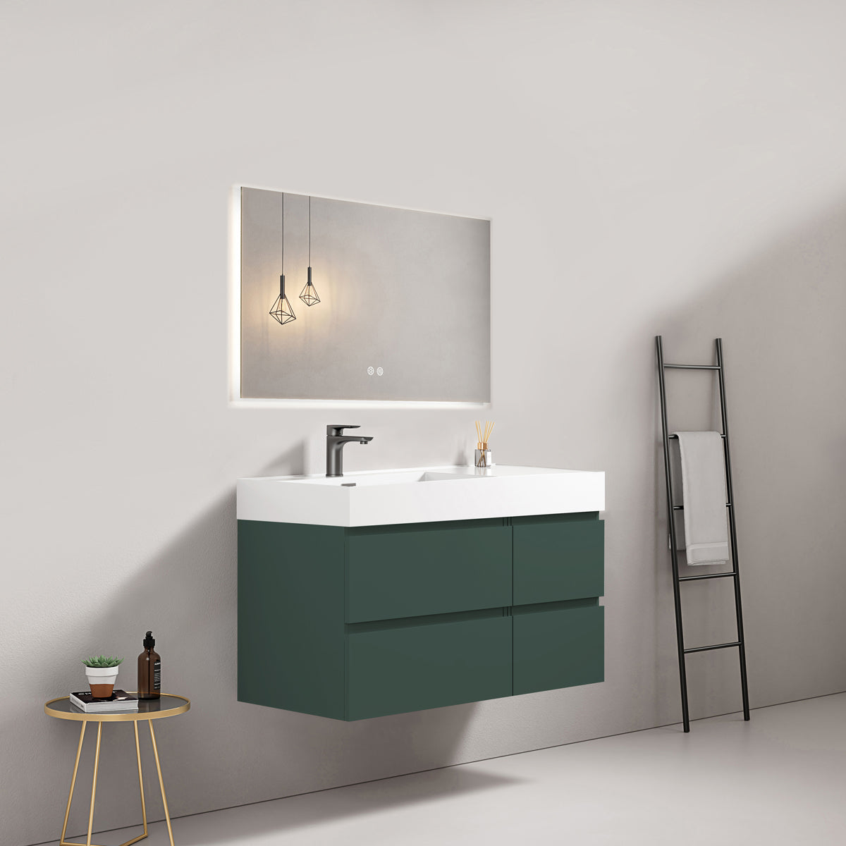 Mobile bagno sospeso 100 cm Verde Comodoro Lavabo a Sinistra in Resina Specchio Quadro Retroilluminato - Fiji Paint