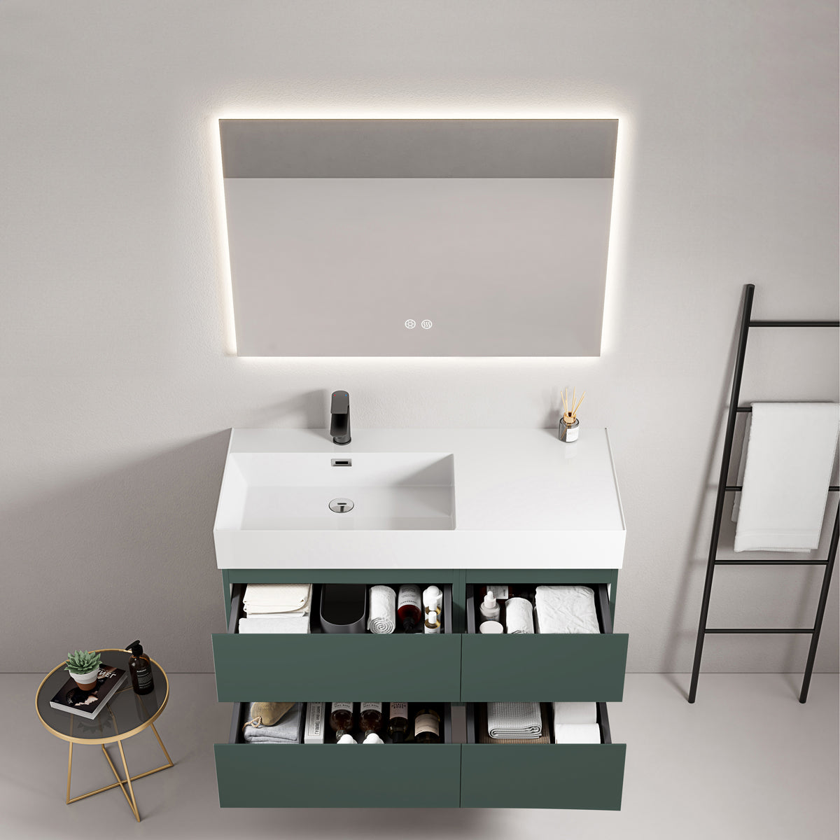 Mobile bagno sospeso 100 cm Verde Comodoro Lavabo a Sinistra in Resina Specchio Quadro Retroilluminato - Fiji Paint