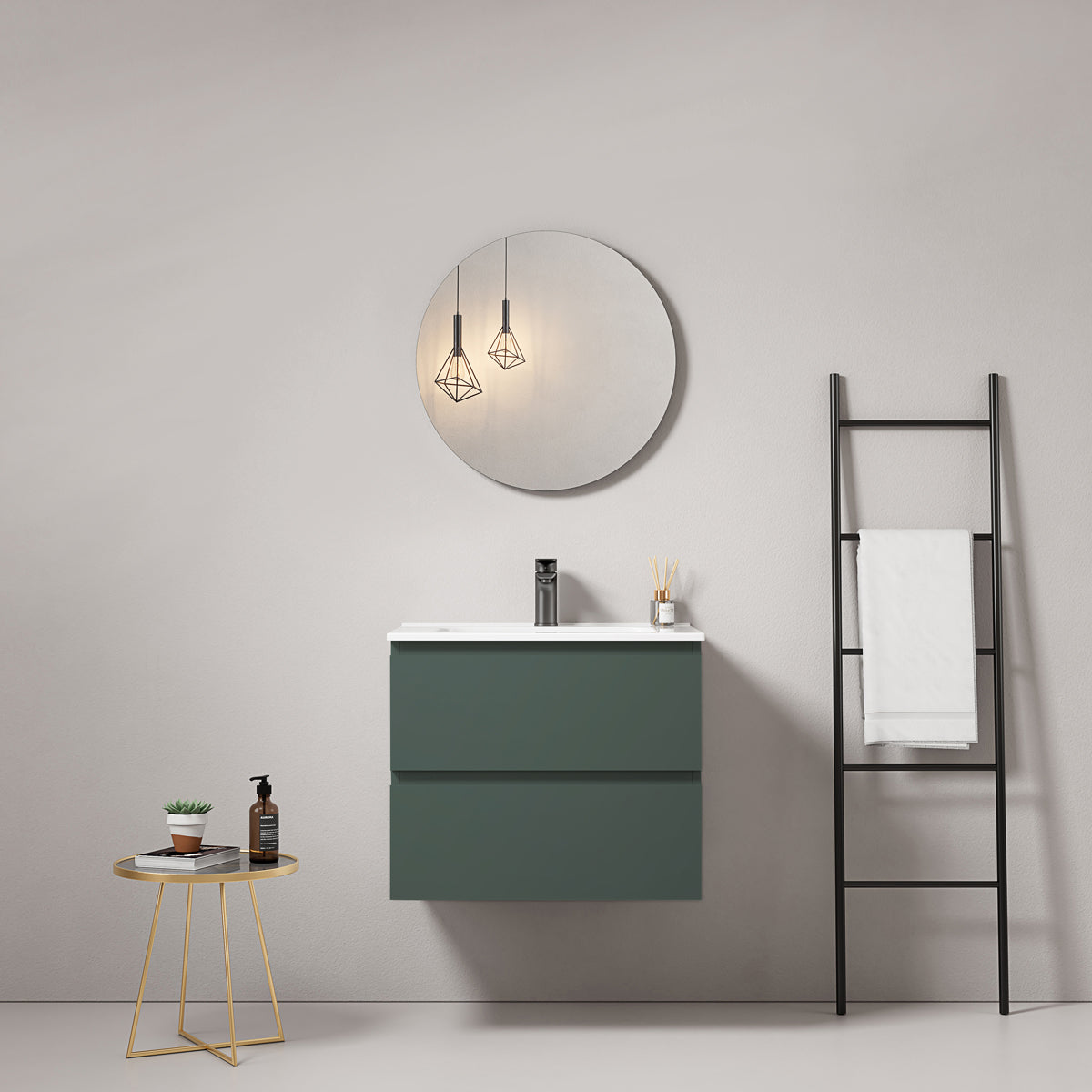 Mobile bagno sospeso 60 cm Verde Comodoro Lavabo in Ceramica Specchio Tondo - Fiji Paint