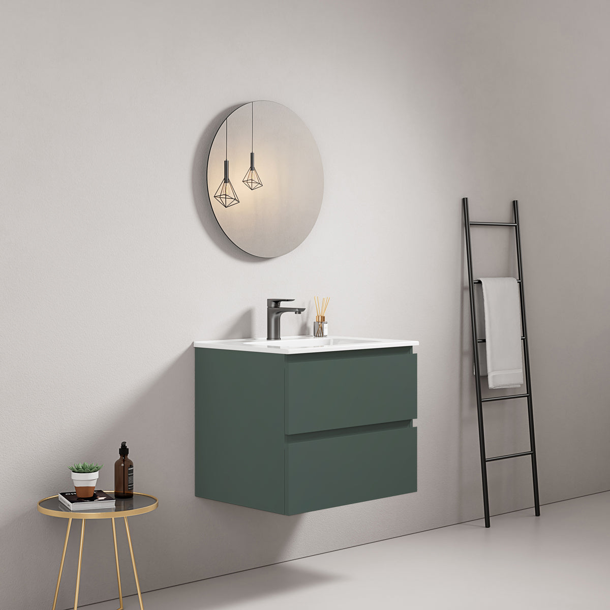 Mobile bagno sospeso 60 cm Verde Comodoro Lavabo in Ceramica Specchio Tondo - Fiji Paint