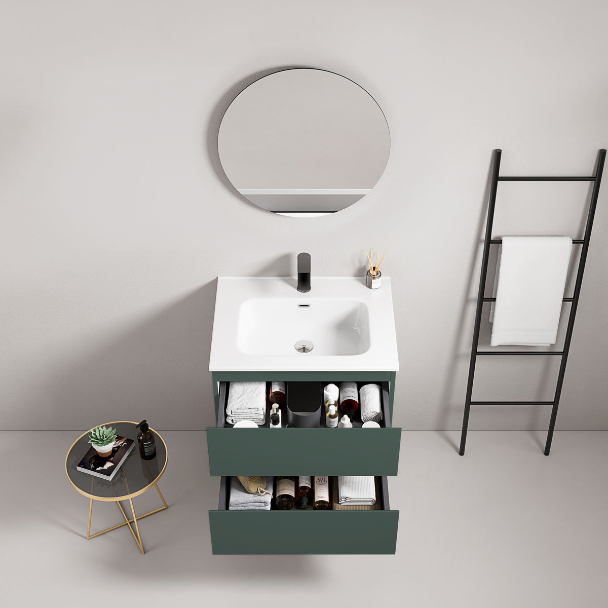 Mobile bagno sospeso 60 cm Verde Comodoro Lavabo in Ceramica Specchio Tondo - Fiji Paint