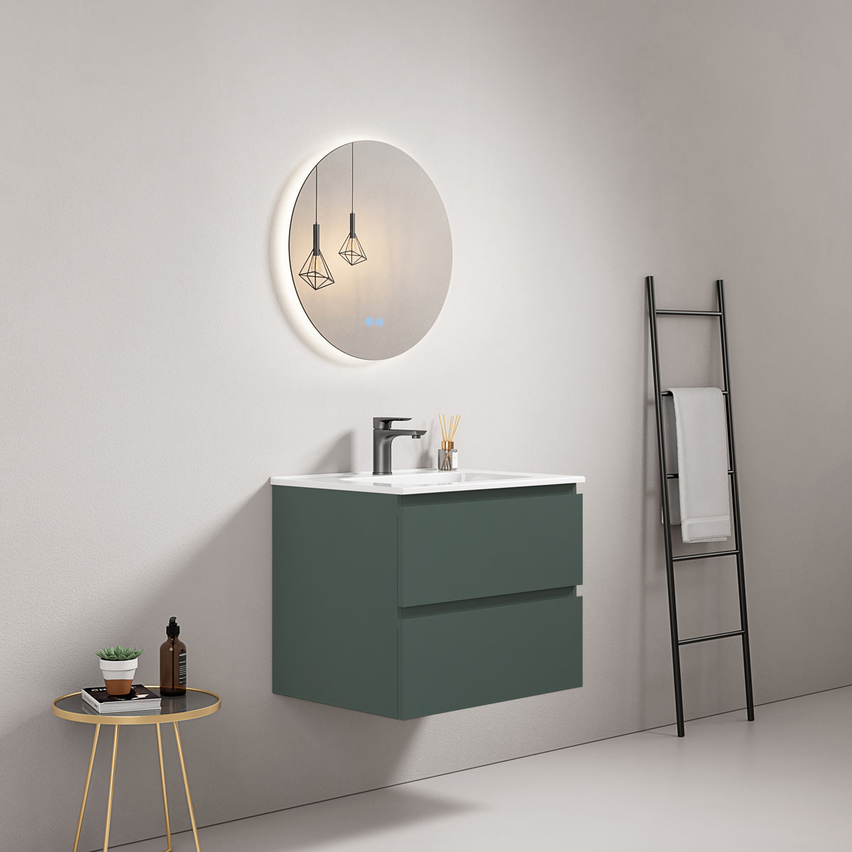 Mobile bagno sospeso 60 cm Verde Comodoro Lavabo in Ceramica Specchio Tondo Retroilluminato - Fiji Paint