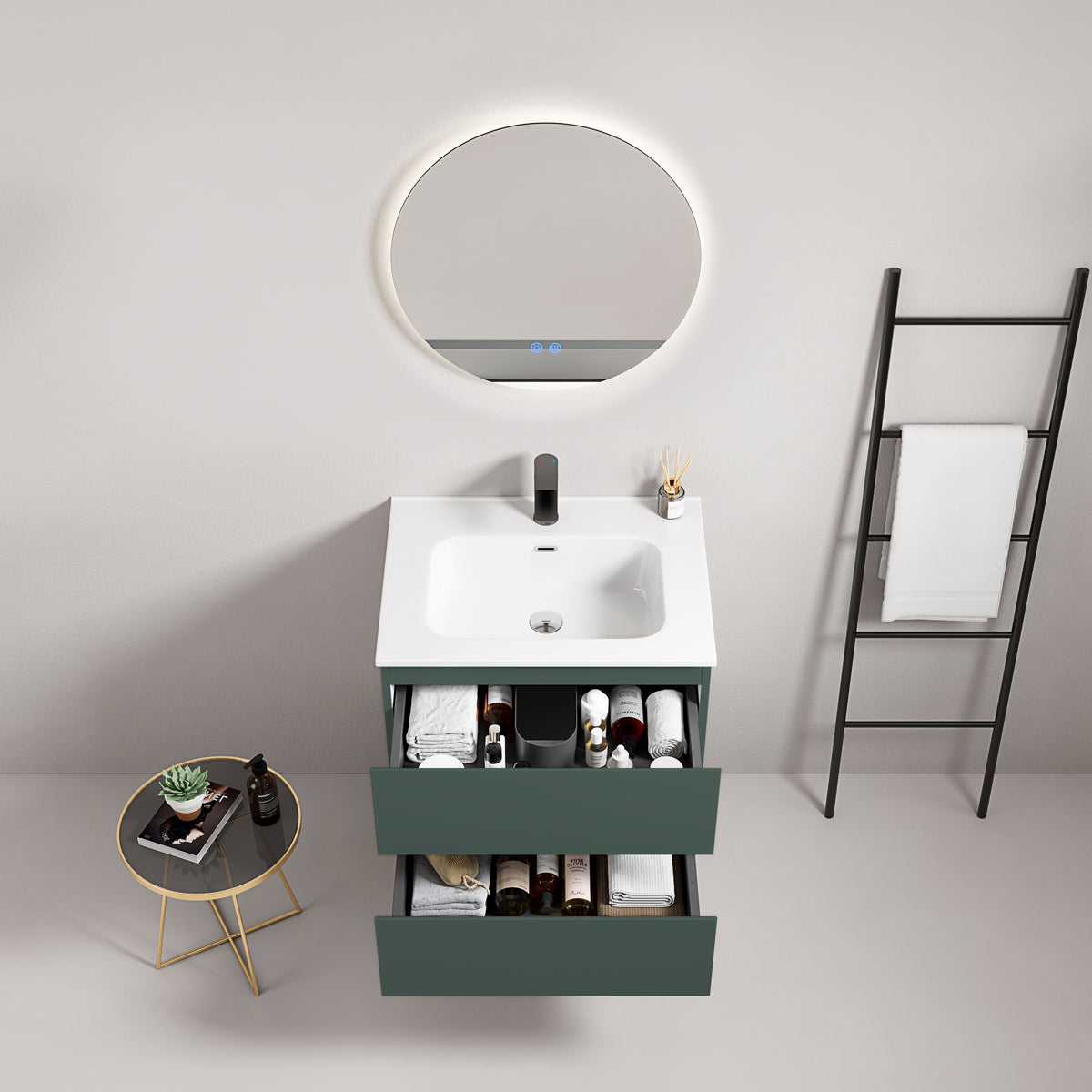 Mobile bagno sospeso 60 cm Verde Comodoro Lavabo in Ceramica Specchio Tondo Retroilluminato - Fiji Paint