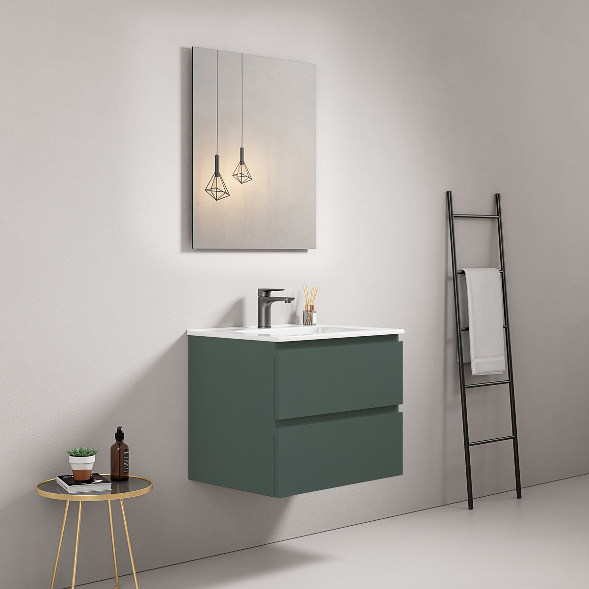Mobile bagno sospeso 60 cm Verde Comodoro Lavabo in Ceramica Specchio Quadro - Fiji Paint