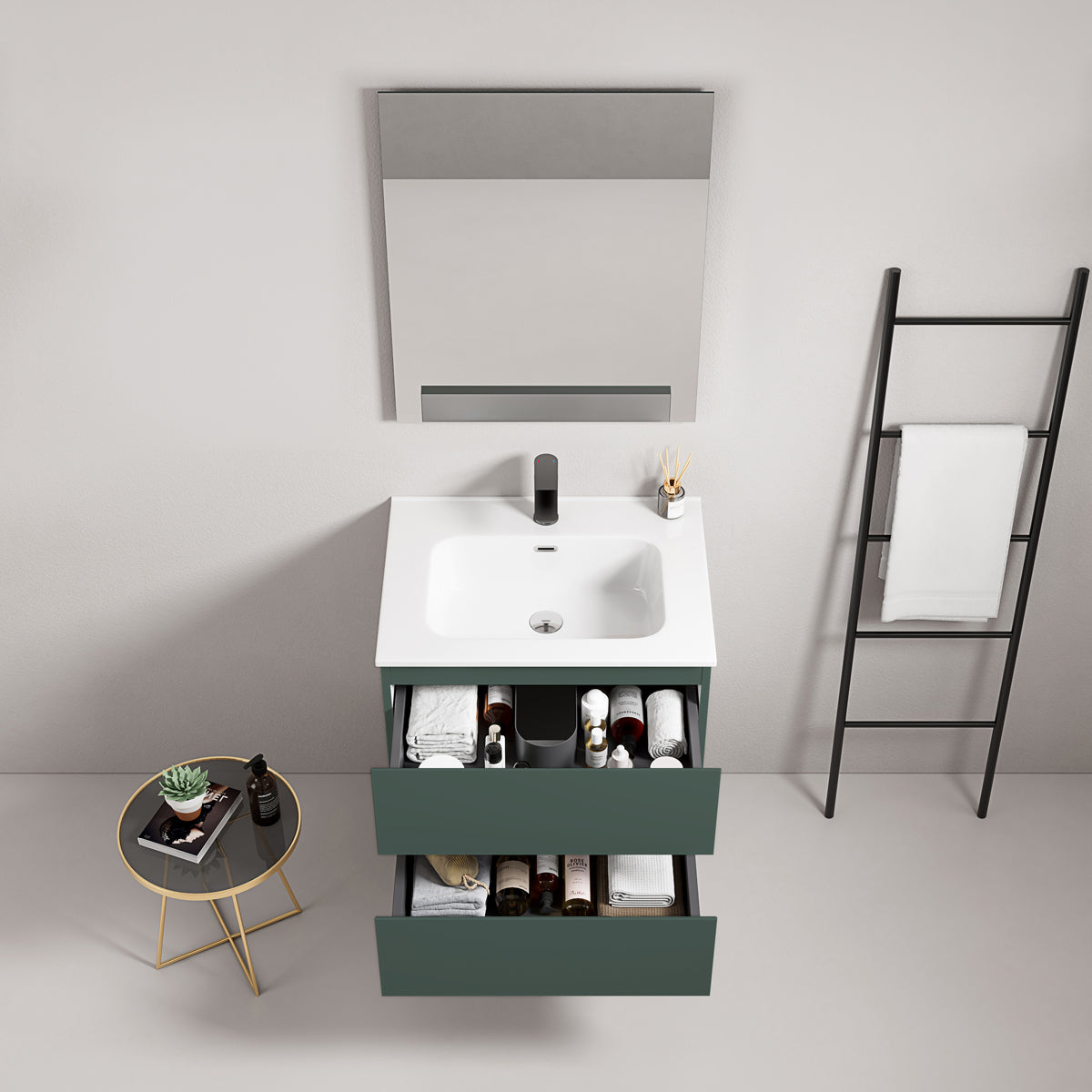 Mobile bagno sospeso 60 cm Verde Comodoro Lavabo in Ceramica Specchio Quadro - Fiji Paint