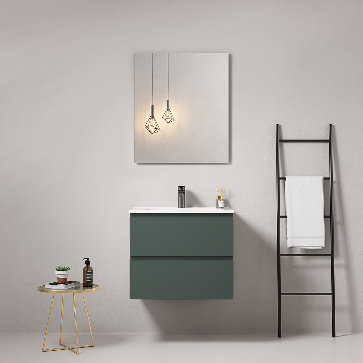 Mobile bagno sospeso 60 cm Verde Comodoro Lavabo in Ceramica Specchio Quadro - Fiji Paint