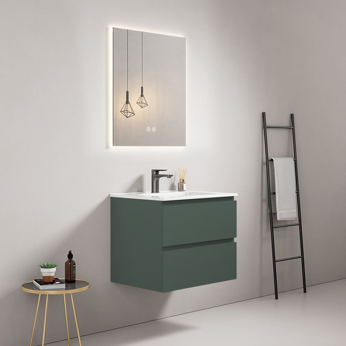 Mobile bagno sospeso 60 cm Verde Comodoro Lavabo in Ceramica Specchio Quadro Retroilluminato - Fiji Paint