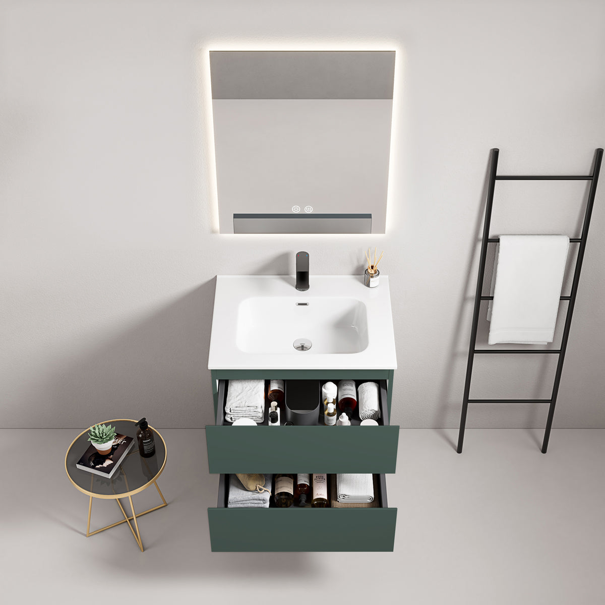 Mobile bagno sospeso 60 cm Verde Comodoro Lavabo in Ceramica Specchio Quadro Retroilluminato - Fiji Paint