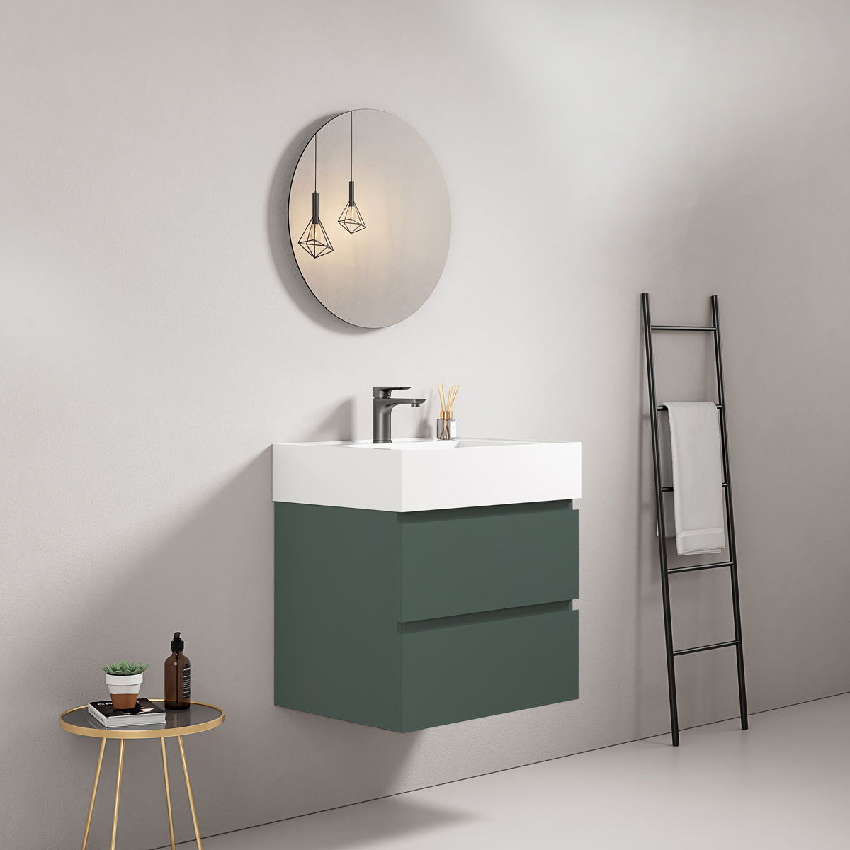Mobile bagno sospeso 60 cm Verde Comodoro Lavabo in Resina Specchio Tondo - Fiji Paint