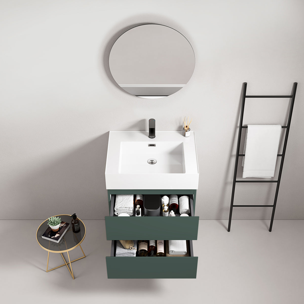Mobile bagno sospeso 60 cm Verde Comodoro Lavabo in Resina Specchio Tondo - Fiji Paint