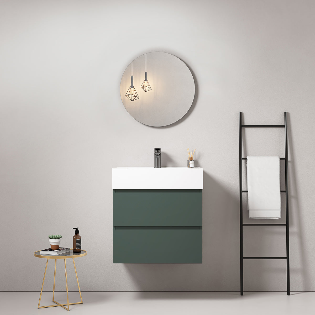 Mobile bagno sospeso 60 cm Verde Comodoro Lavabo in Resina Specchio Tondo - Fiji Paint