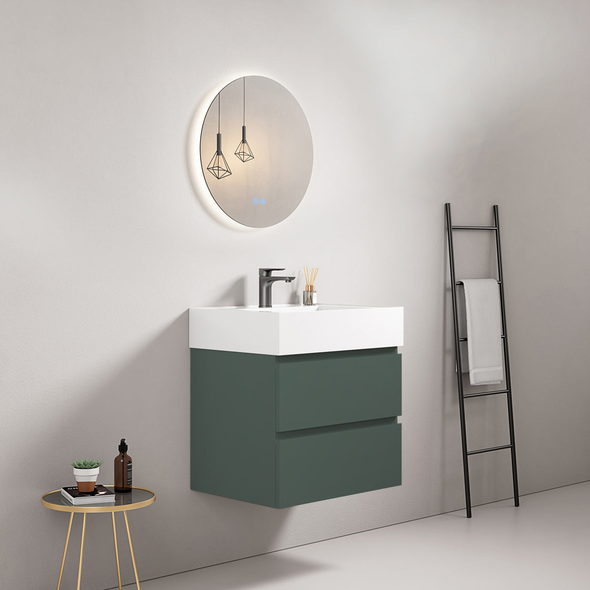 Mobile bagno sospeso 60 cm Verde Comodoro Lavabo in Resina Specchio Tondo Retroilluminato - Fiji Paint