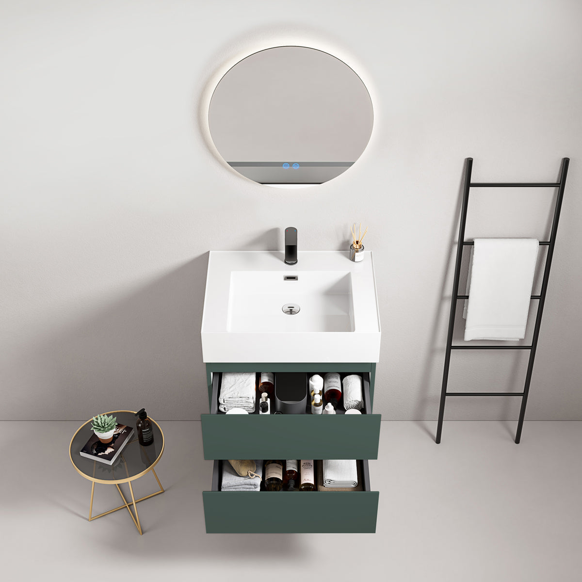 Mobile bagno sospeso 60 cm Verde Comodoro Lavabo in Resina Specchio Tondo Retroilluminato - Fiji Paint