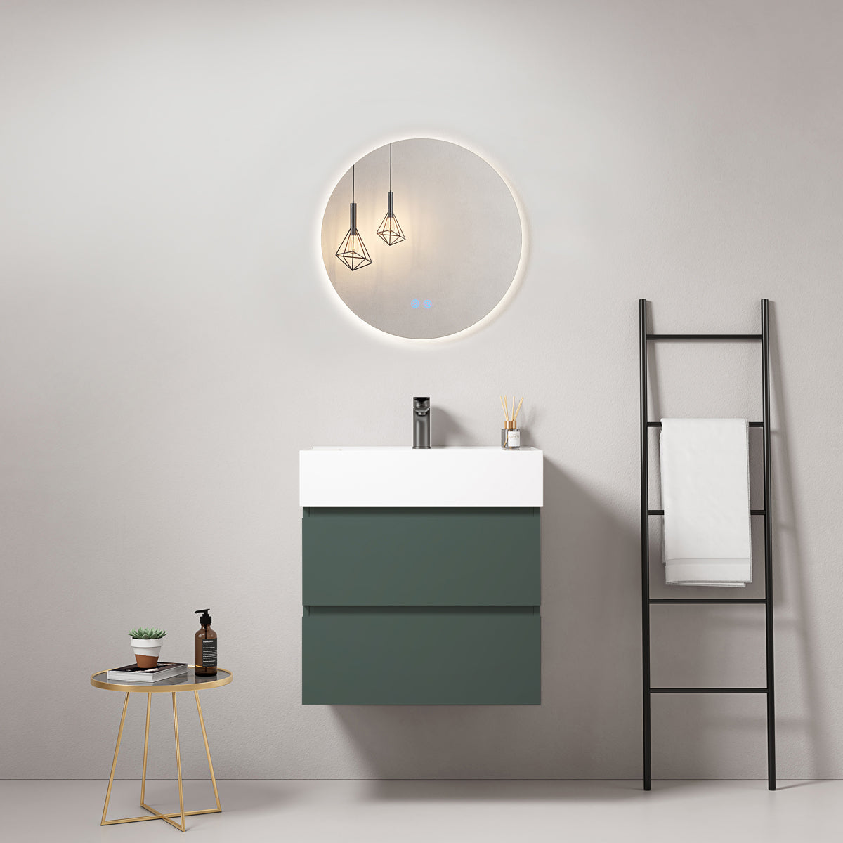 Mobile bagno sospeso 60 cm Verde Comodoro Lavabo in Resina Specchio Tondo Retroilluminato - Fiji Paint