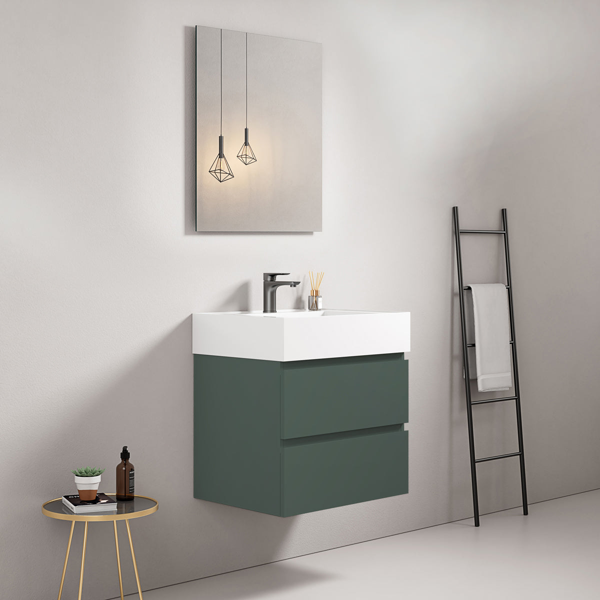 Mobile bagno sospeso 60 cm Verde Comodoro Lavabo in Resina Specchio Quadro - Fiji Paint