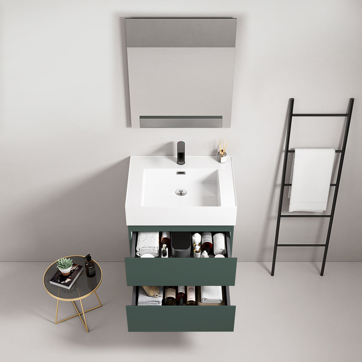 Mobile bagno sospeso 60 cm Verde Comodoro Lavabo in Resina Specchio Quadro - Fiji Paint
