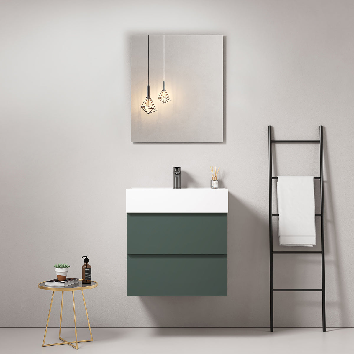 Mobile bagno sospeso 60 cm Verde Comodoro Lavabo in Resina Specchio Quadro - Fiji Paint