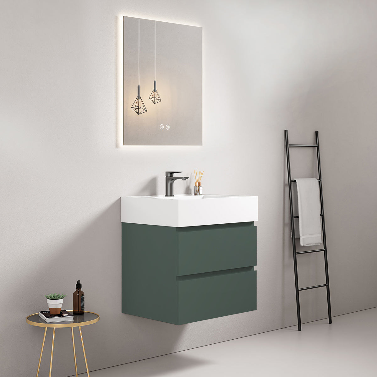 Mobile bagno sospeso 60 cm Verde Comodoro Lavabo in Resina Specchio Quadro Retroilluminato - Fiji Paint