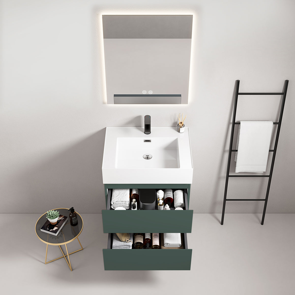 Mobile bagno sospeso 60 cm Verde Comodoro Lavabo in Resina Specchio Quadro Retroilluminato - Fiji Paint