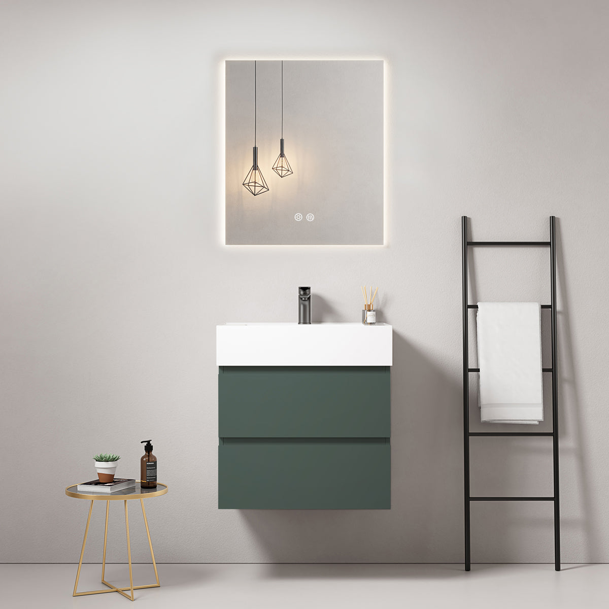 Mobile bagno sospeso 60 cm Verde Comodoro Lavabo in Resina Specchio Quadro Retroilluminato - Fiji Paint