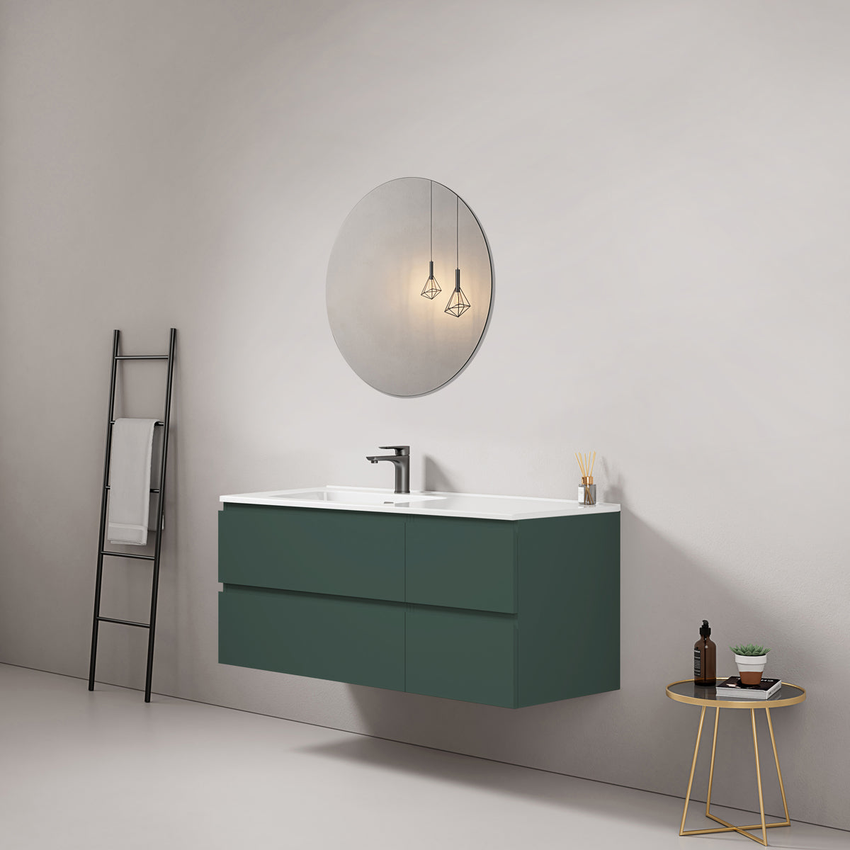 Mobile bagno sospeso 120 cm Verde Comodoro Lavabo a Sinistra in Ceramica Specchio Tondo - Fiji Paint