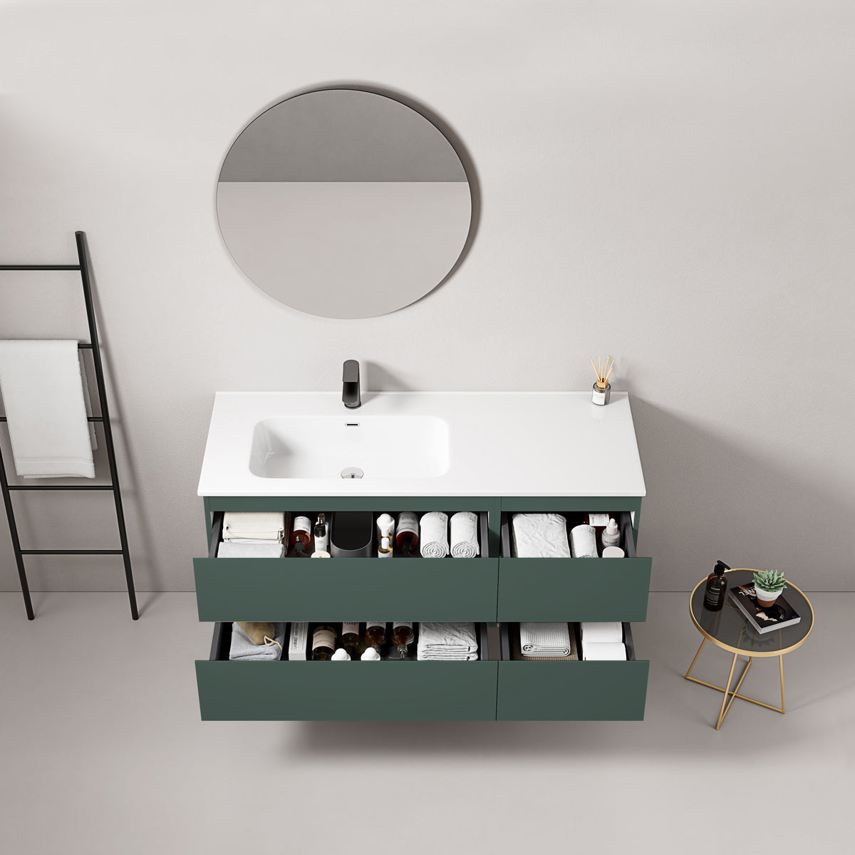 Mobile bagno sospeso 120 cm Verde Comodoro Lavabo a Sinistra in Ceramica Specchio Tondo - Fiji Paint