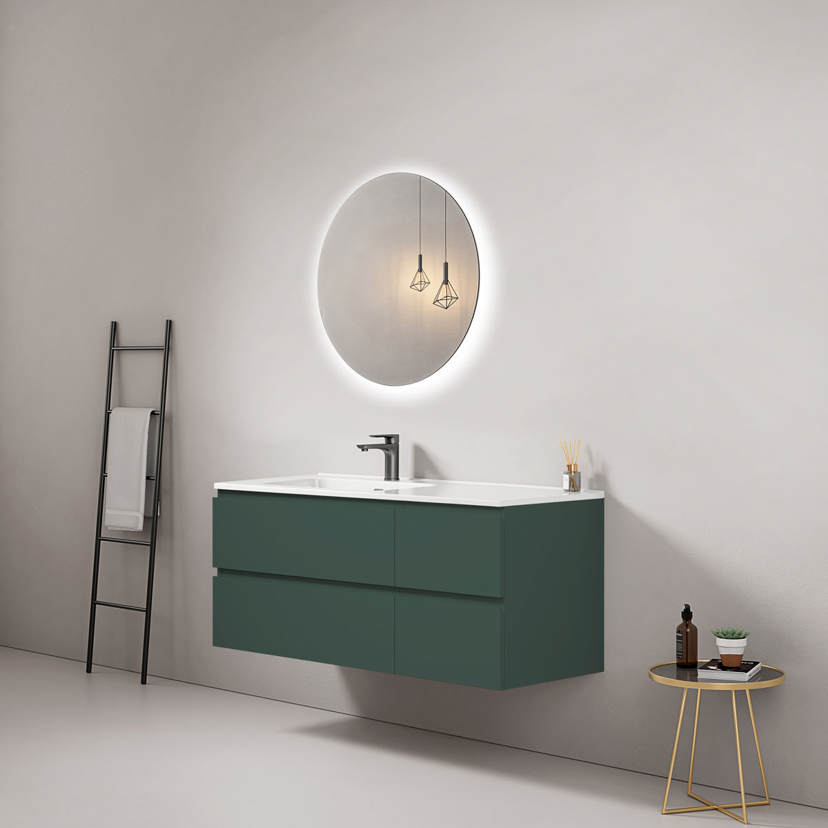 Mobile bagno sospeso 120 cm Verde Comodoro Lavabo a Sinistra in Ceramica Specchio Tondo Retroilluminato - Fiji Paint