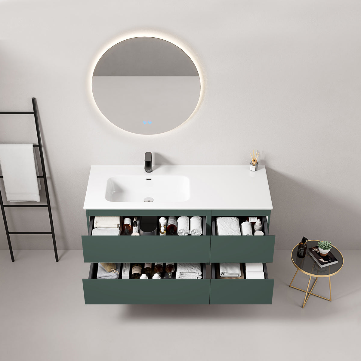 Mobile bagno sospeso 120 cm Verde Comodoro Lavabo a Sinistra in Ceramica Specchio Tondo Retroilluminato - Fiji Paint