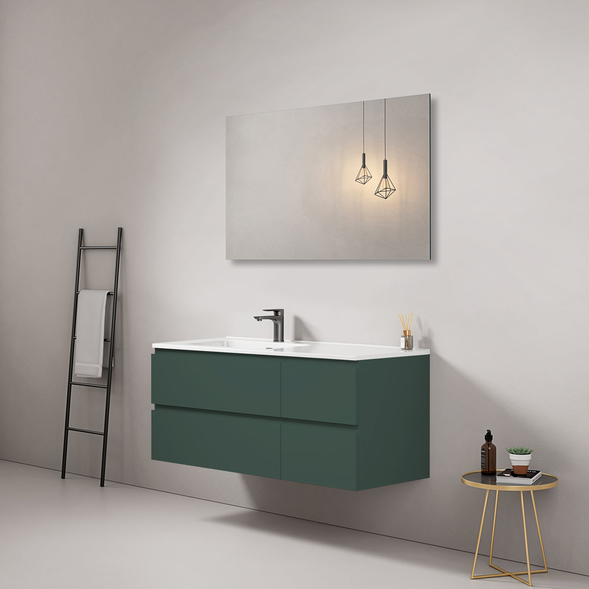 Mobile bagno sospeso 120 cm Verde Comodoro Lavabo a Sinistra in Ceramica Specchio Quadro - Fiji Paint