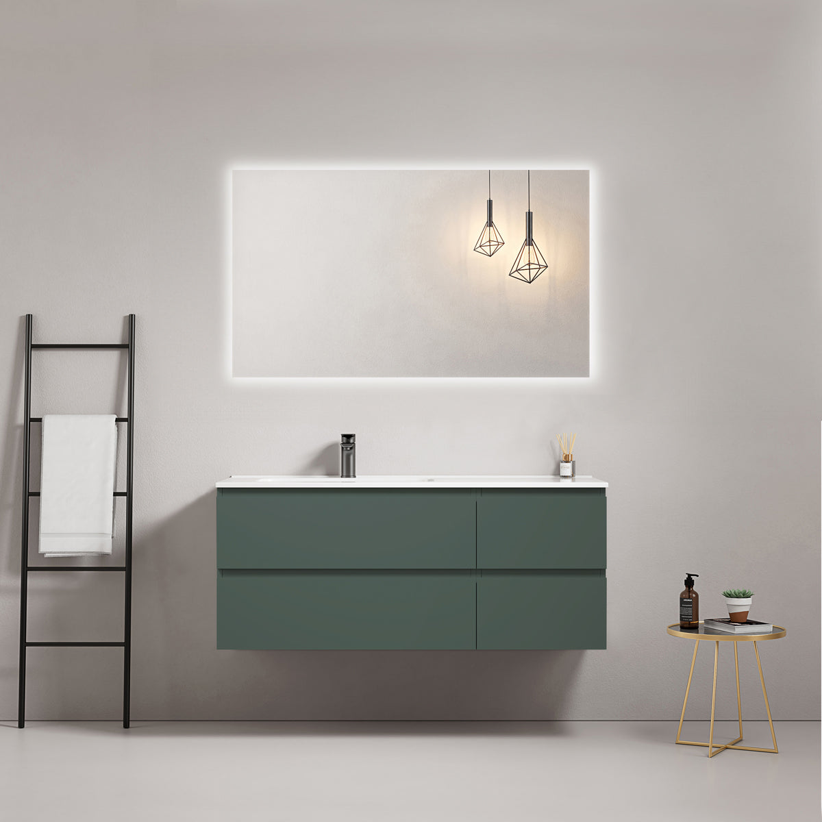 Mobile bagno sospeso 120 cm Verde Comodoro Lavabo a Sinistra in Ceramica Specchio Quadro Retroilluminato - Fiji Paint