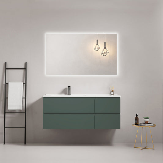 Mobile bagno sospeso 120 cm Verde Comodoro Lavabo a Sinistra in Ceramica Specchio Quadro Retroilluminato - Fiji Paint