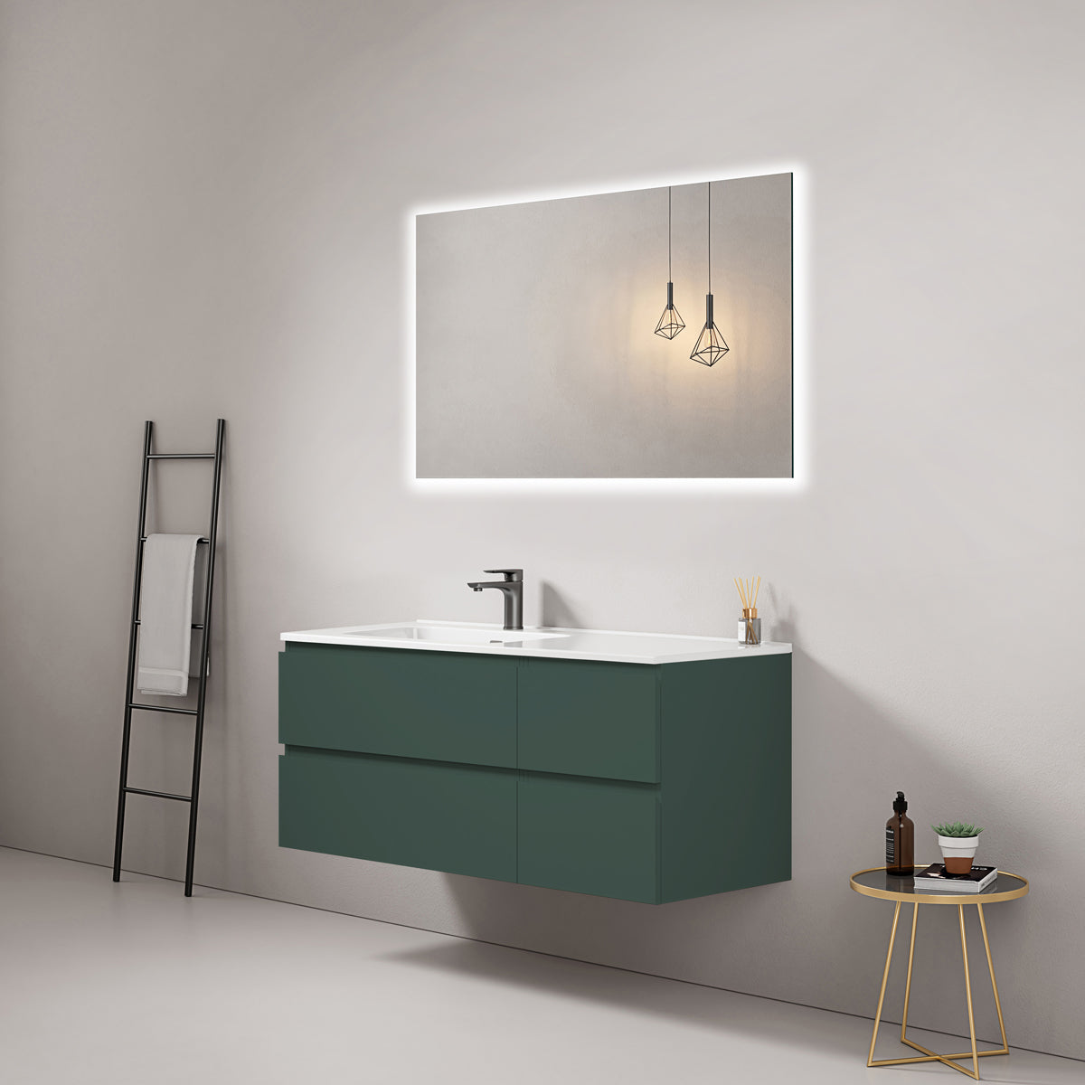 Mobile bagno sospeso 120 cm Verde Comodoro Lavabo a Sinistra in Ceramica Specchio Quadro Retroilluminato - Fiji Paint