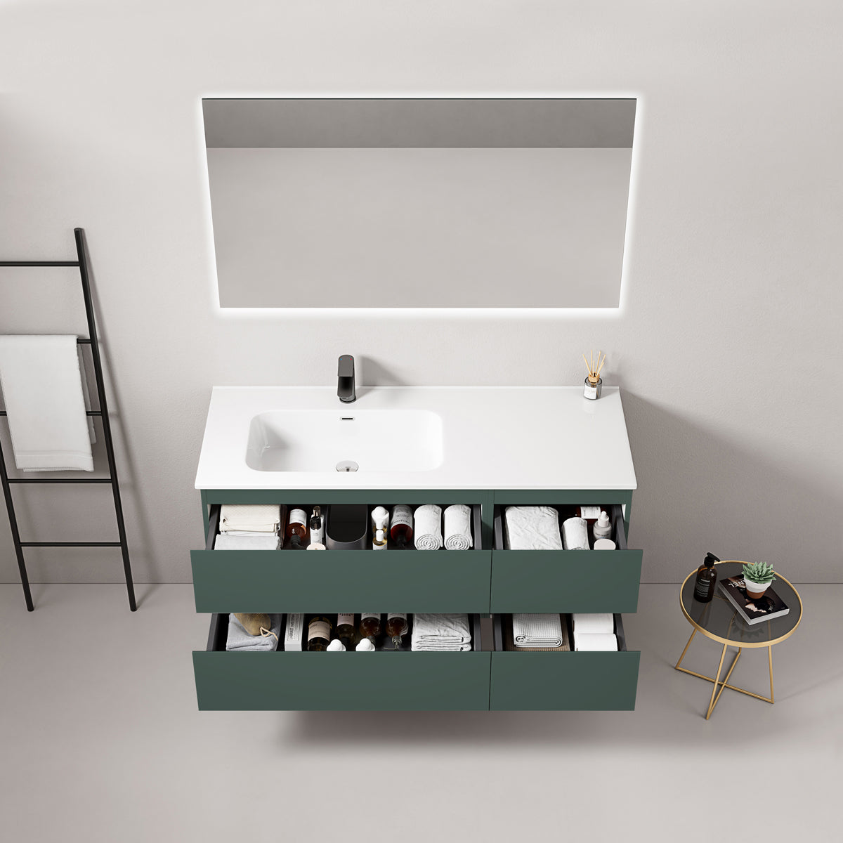 Mobile bagno sospeso 120 cm Verde Comodoro Lavabo a Sinistra in Ceramica Specchio Quadro Retroilluminato - Fiji Paint