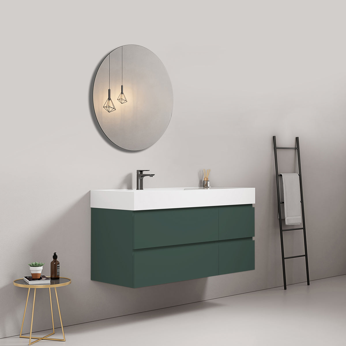 Mobile bagno sospeso 120 cm Verde Comodoro Lavabo a Sinistra in Resina Specchio Tondo - Fiji Paint