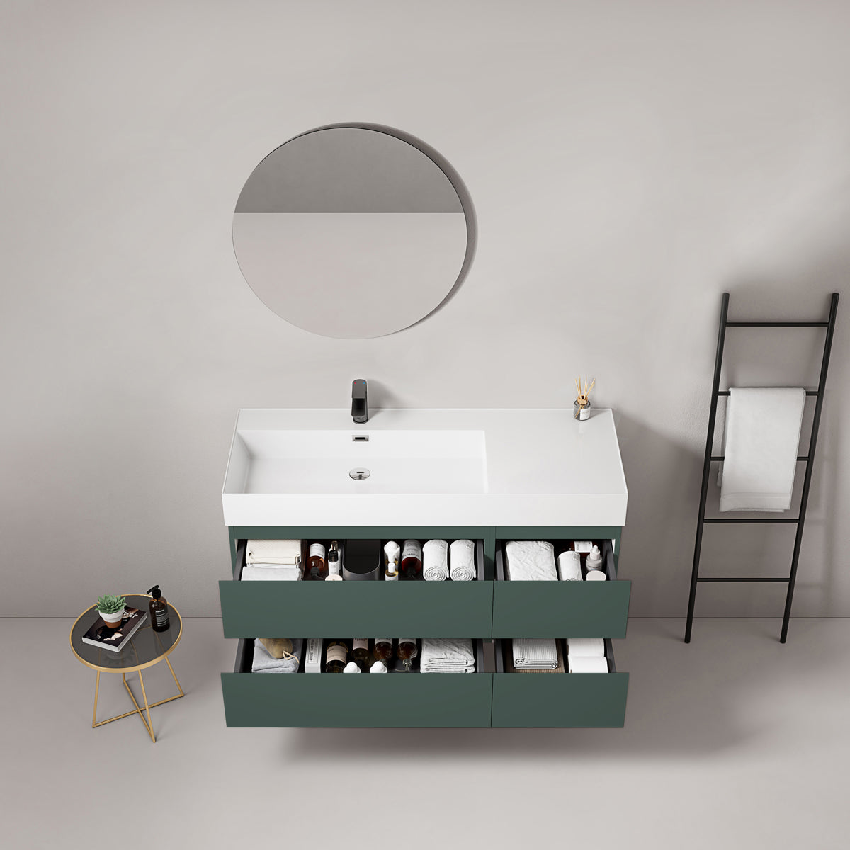 Mobile bagno sospeso 120 cm Verde Comodoro Lavabo a Sinistra in Resina Specchio Tondo - Fiji Paint