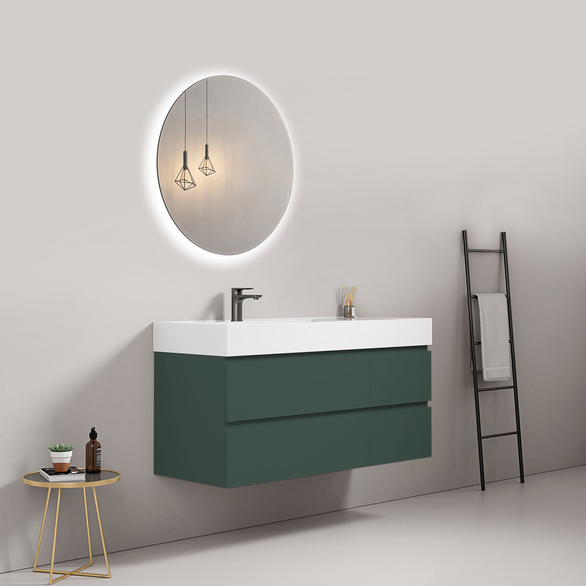 Mobile bagno sospeso 120 cm Verde Comodoro Lavabo a Sinistra in Resina Specchio Tondo Retroilluminato - Fiji Paint