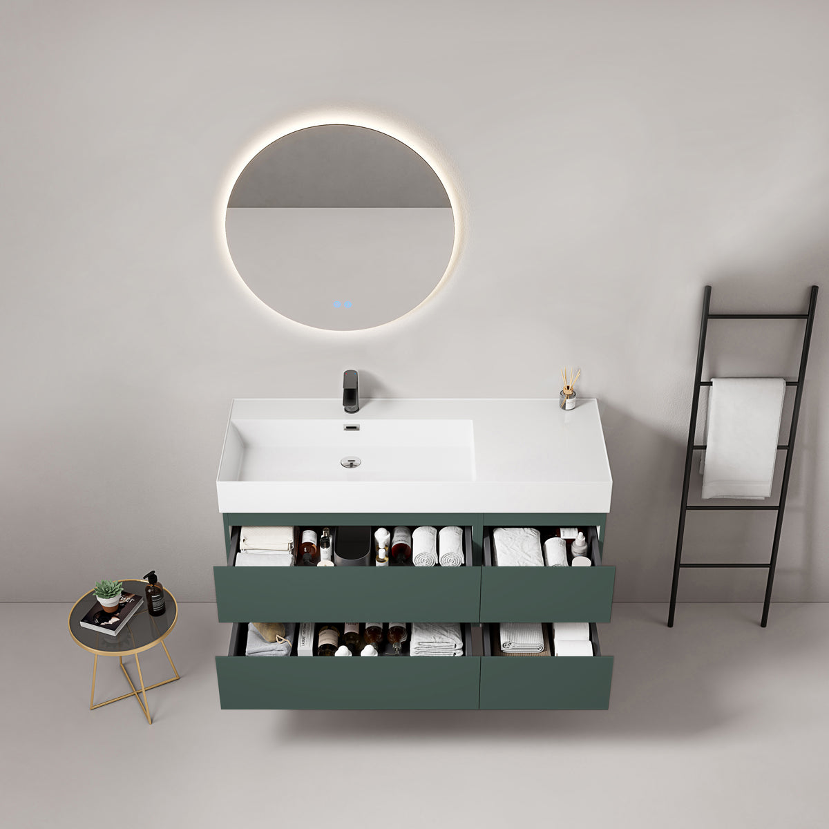 Mobile bagno sospeso 120 cm Verde Comodoro Lavabo a Sinistra in Resina Specchio Tondo Retroilluminato - Fiji Paint