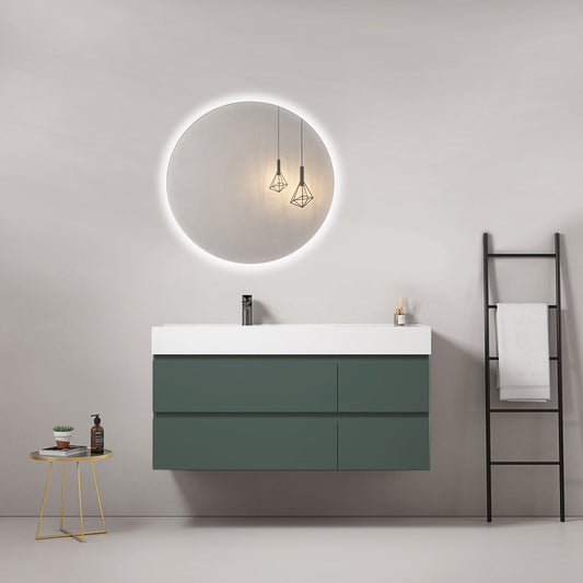 Mobile bagno sospeso 120 cm Verde Comodoro Lavabo a Sinistra in Resina Specchio Tondo Retroilluminato - Fiji Paint