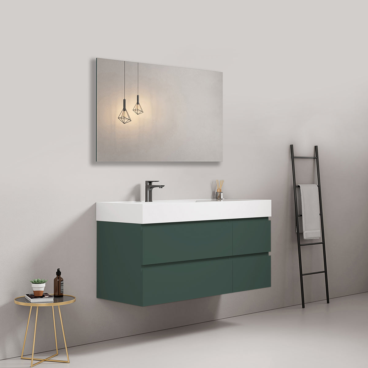 Mobile bagno sospeso 120 cm Verde Comodoro Lavabo a Sinistra in Resina Specchio Quadro - Fiji Paint