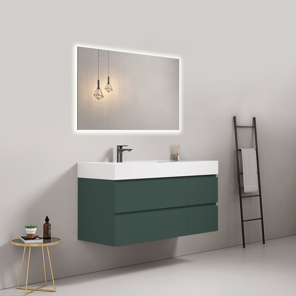 Mobile bagno sospeso 120 cm Verde Comodoro Lavabo a Sinistra in Resina Specchio Quadro Retroilluminato - Fiji Paint