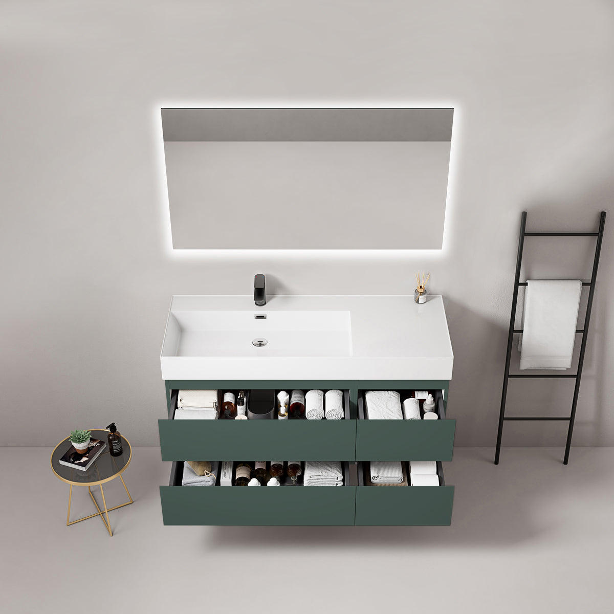 Mobile bagno sospeso 120 cm Verde Comodoro Lavabo a Sinistra in Resina Specchio Quadro Retroilluminato - Fiji Paint