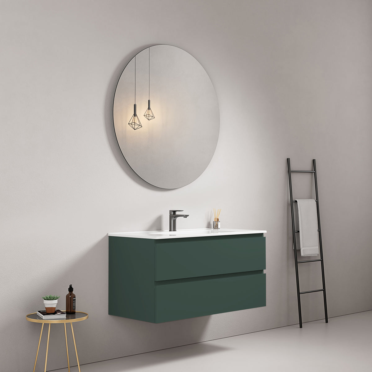 Mobile bagno sospeso 80 cm Verde Comodoro Lavabo in Ceramica Specchio Tondo - Fiji Paint