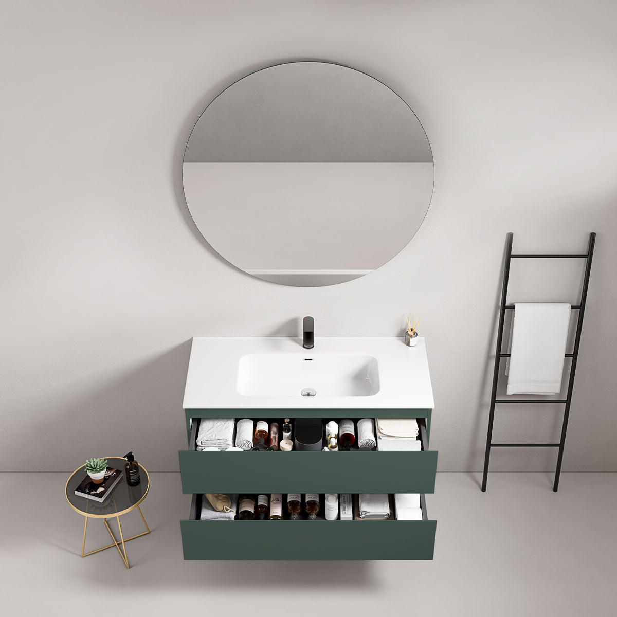Mobile bagno sospeso 80 cm Verde Comodoro Lavabo in Ceramica Specchio Tondo - Fiji Paint