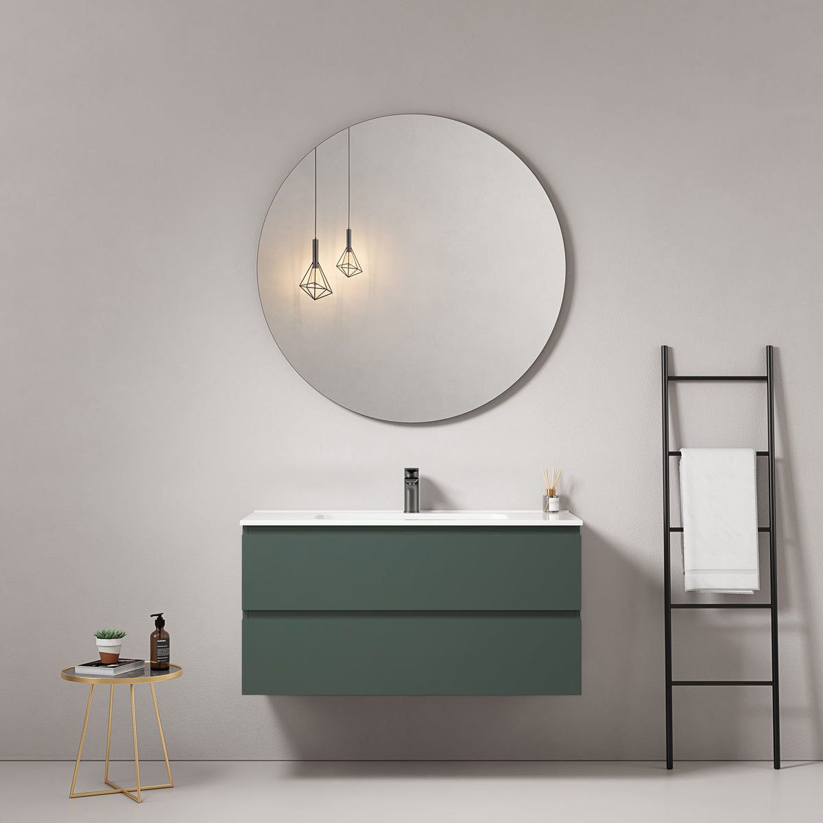Mobile bagno sospeso 80 cm Verde Comodoro Lavabo in Ceramica Specchio Tondo - Fiji Paint