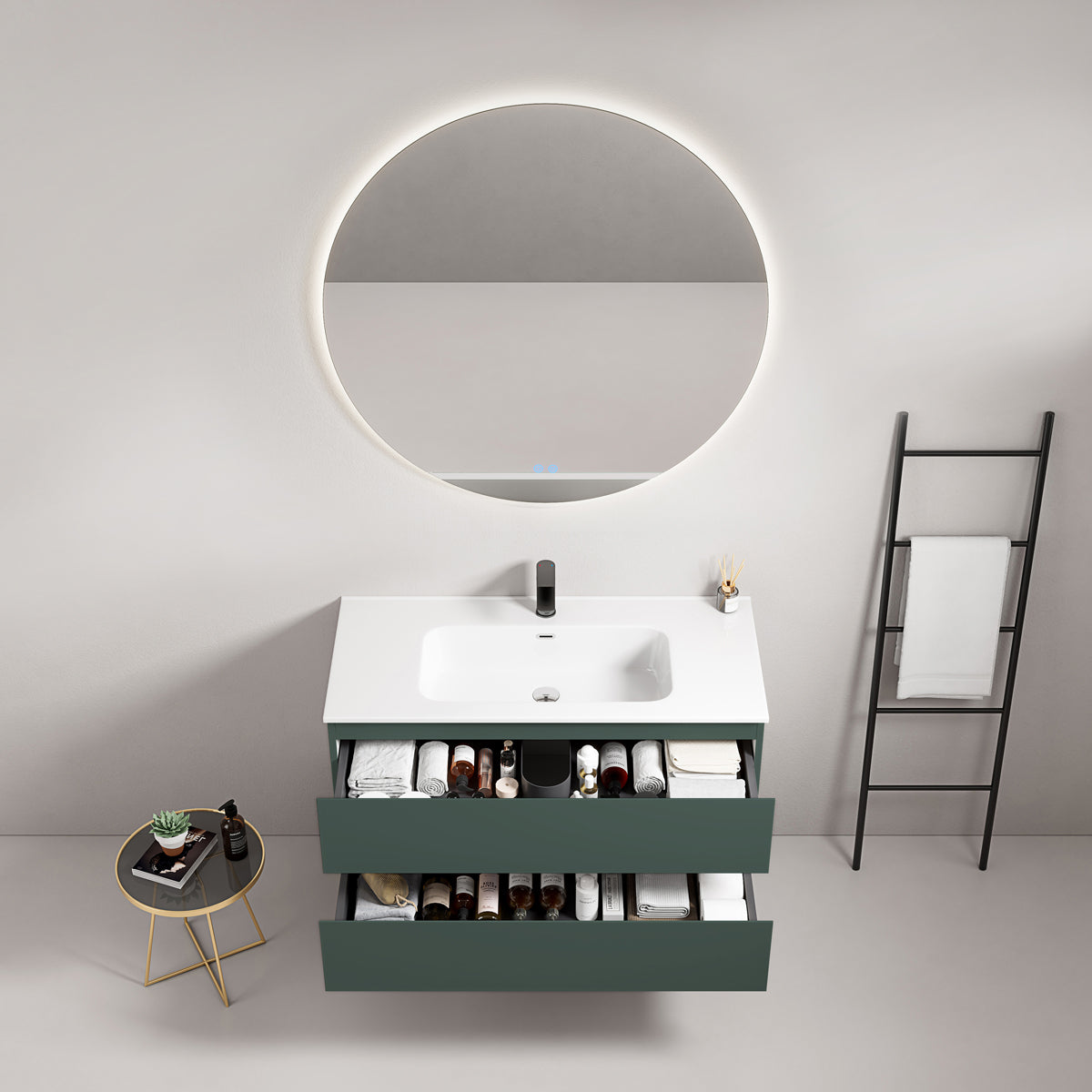 Mobile bagno sospeso 80 cm Verde Comodoro Lavabo in Ceramica Specchio Tondo Retroilluminato - Fiji Paint
